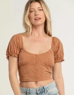 LOVE TREE Womens Eyelet Button Front Top