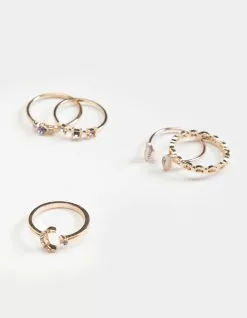 FULL TILT 5 Pack Dainty Rhinestone Moon Ring Set