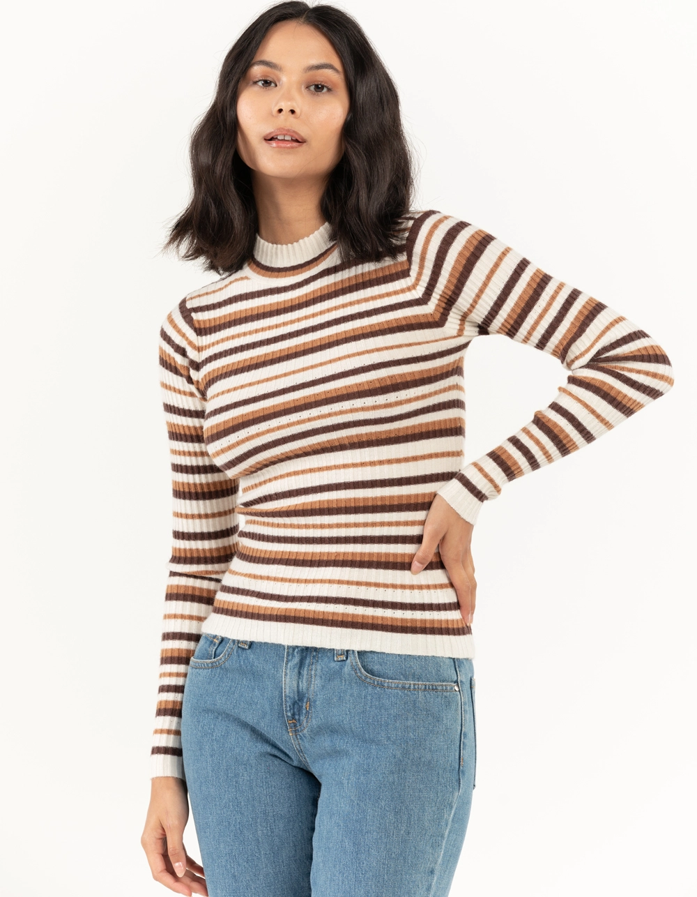RSQ Womens Rib Stripe Mock Neck Pullover Sweater - Image 2