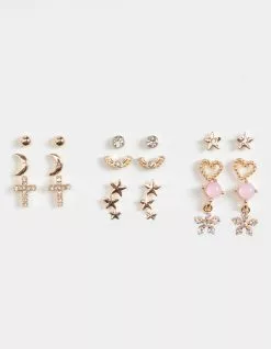 FULL TILT 9 Piece Dainty Rhinestone Stud Earrings Set