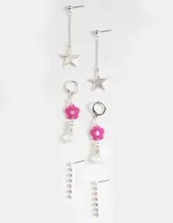 FULL TILT 3 Pack Star Sparkle Flower Earrings Set